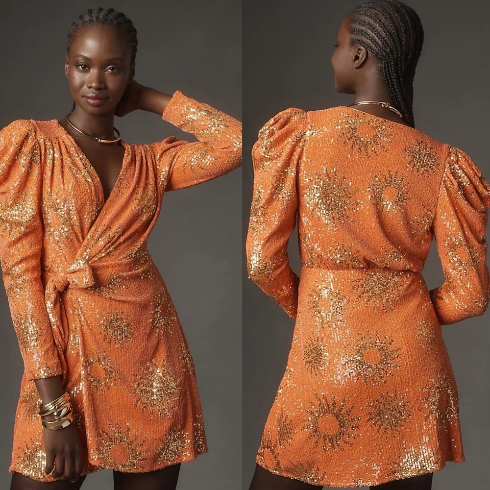 Farm Rio Sunny Mood Orange Sequin faux wrap Mini Dress size medium wedding party